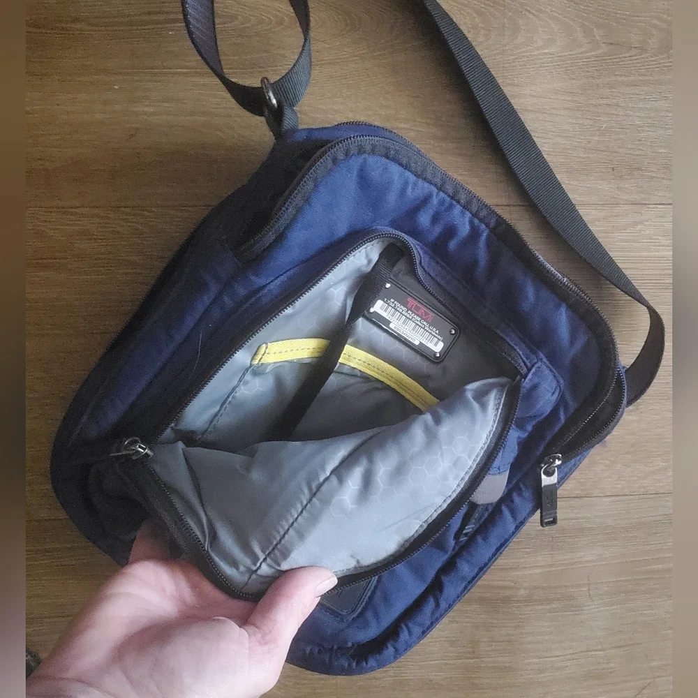 TUMI Navy Blue Organizer Travel Crossbody Bag.